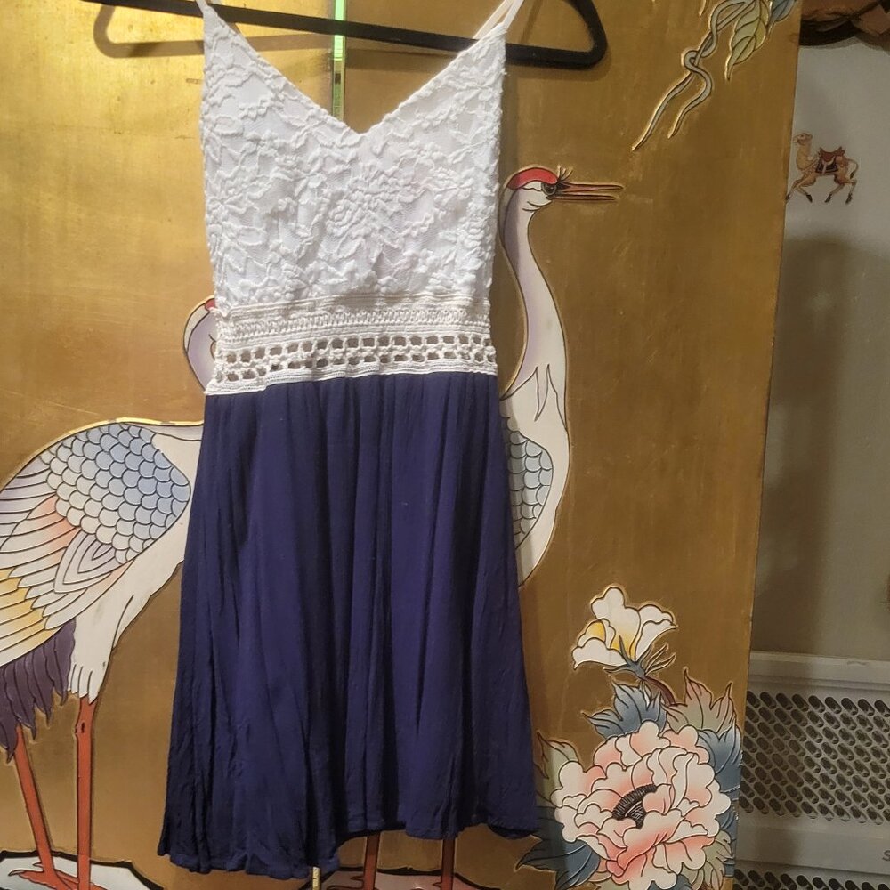 Flirty navy and white crocheted dress